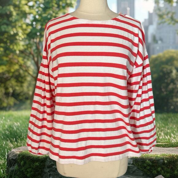 J.Crew Striped 100% Cotton Sweater Sz L Gathered Sleeve Crewneck White w Red - Picture 1 of 7